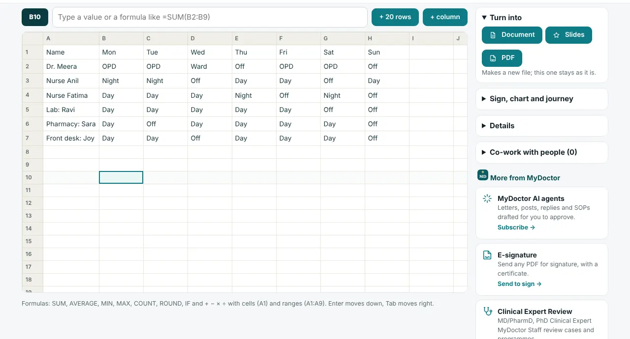 A staff duty roster in MyDoctor Office Sheets